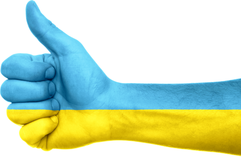 thumbsup-Hand in den Farben der Ukrainischen Landesflagge